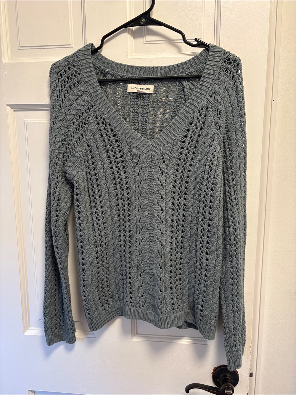 Lucky Brand Dusty Sage Open-Knit V-Neck Sweater